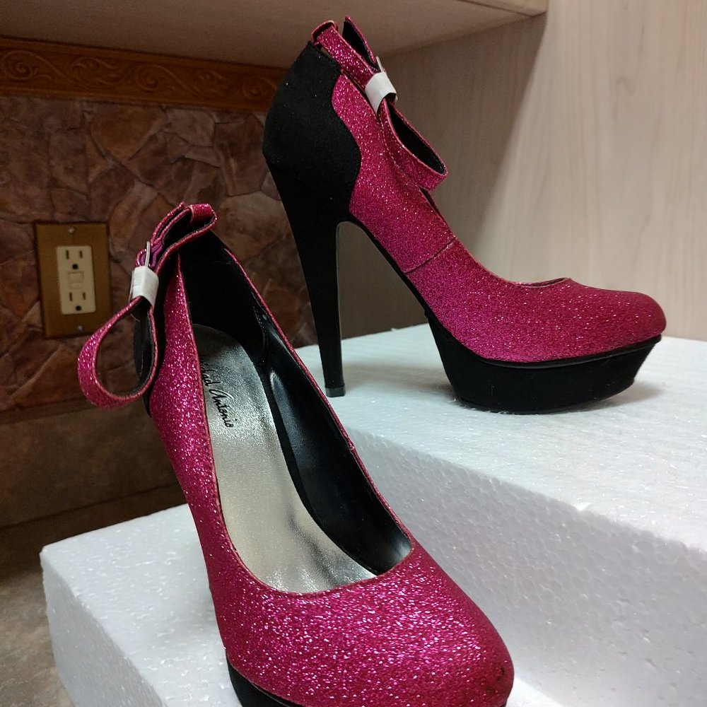 MICHAEL ANTONIO PINK/GLITTER & BLACK/SUEDE 4.5" STILETTO PUMPS